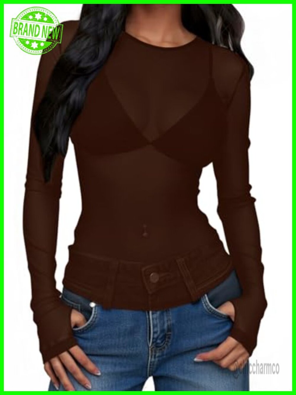 Sheer Mesh Long Sleeve Top with Thumb Hole Crewneck T-Shirt Slim Fit